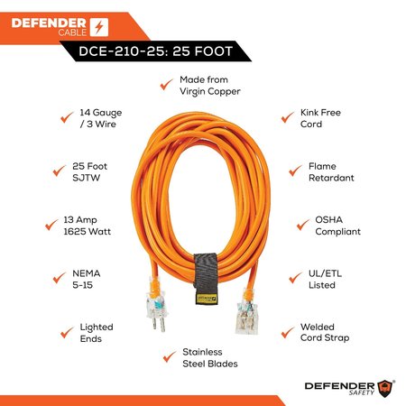 Defender Cable 14/3 Gauge, 25 ft SJTW w Lighted End, Contractor Grade UL and ETL Listed Extension Cord DCE-210-25